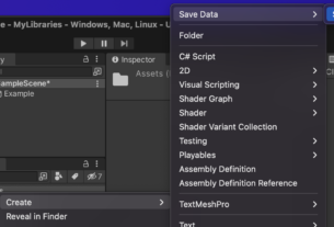 Unity Editor showing Save Data script creation menu with C# Script option