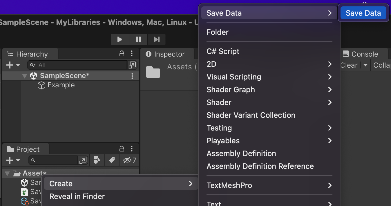 Unity Editor showing Save Data script creation menu with C# Script option